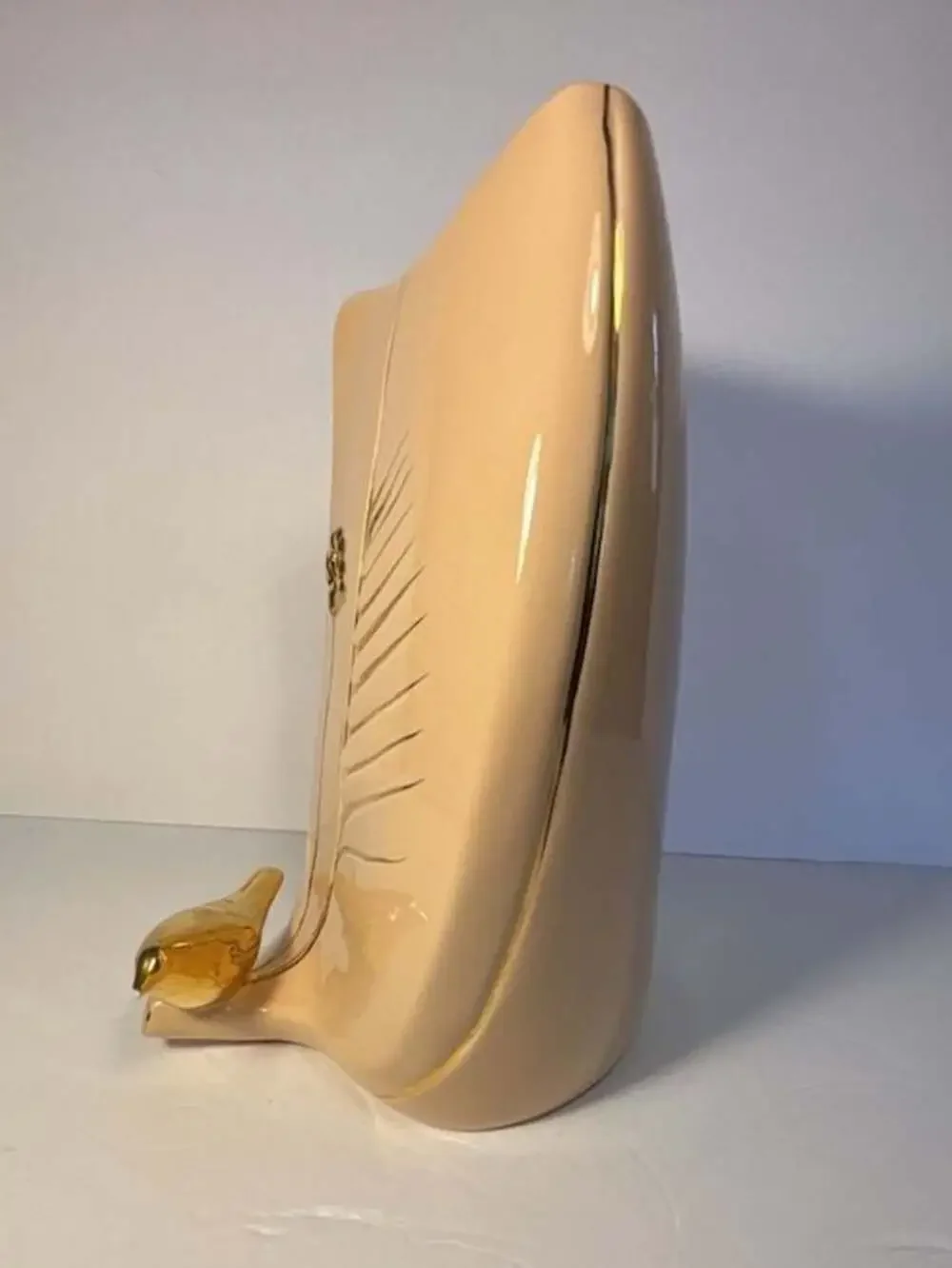 Vintage Mid-Century Modern Pink Ceramic Wall Pocket Vase with Gold Trim